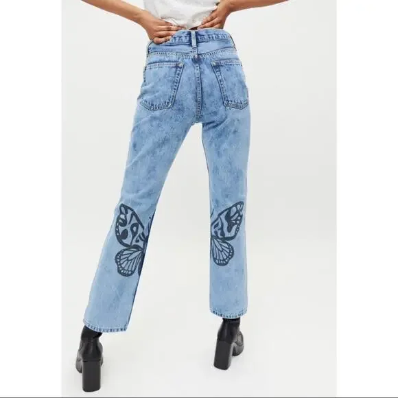 🍒[ X-Girl ] Butterfly Print Acid Wash Straight Leg Jeans - Picture 5 of 15